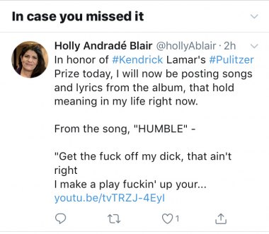 Holly Blair's post citing rapper Kendrick Lamar's music.